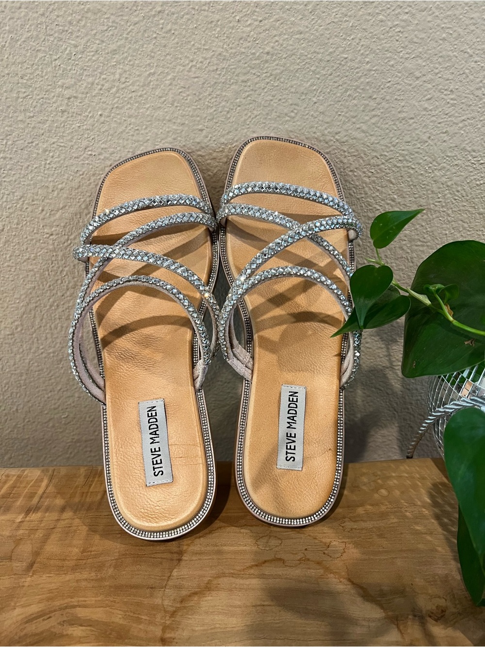 Steve Madden Silver Rhinestone Multi-Strap Flat Sandals